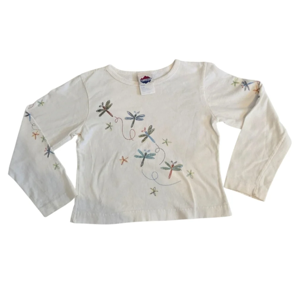 Vintage Y2k White Long Sleeve Shirt with Dragonfly Design